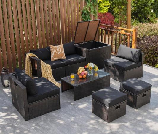 8 Pieces Patio Space-Saving Rattan Furniture Set with Storage Box and Waterproof Cover