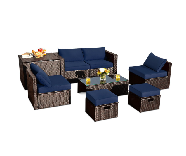 8 Pieces Patio Space-Saving Rattan Furniture Set with Storage Box and Waterproof Cover