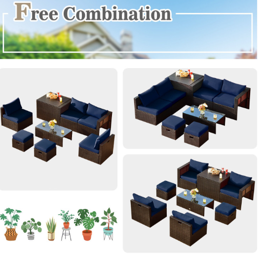 8 Pieces Patio Space-Saving Rattan Furniture Set with Storage Box and Waterproof Cover
