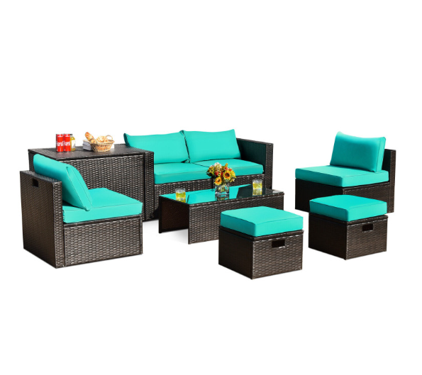 8 Pieces Patio Space-Saving Rattan Furniture Set with Storage Box and Waterproof Cover