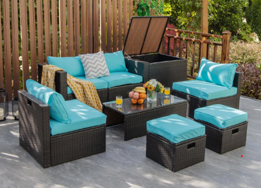 8 Pieces Patio Space-Saving Rattan Furniture Set with Storage Box and Waterproof Cover