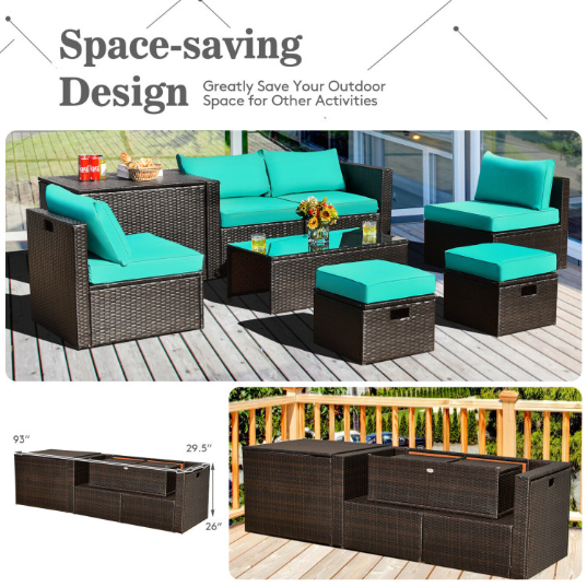 8 Pieces Patio Space-Saving Rattan Furniture Set with Storage Box and Waterproof Cover