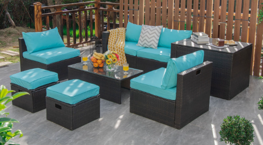 8 Pieces Patio Space-Saving Rattan Furniture Set with Storage Box and Waterproof Cover