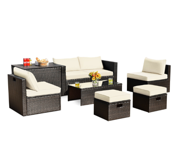 8 Pieces Patio Space-Saving Rattan Furniture Set with Storage Box and Waterproof Cover