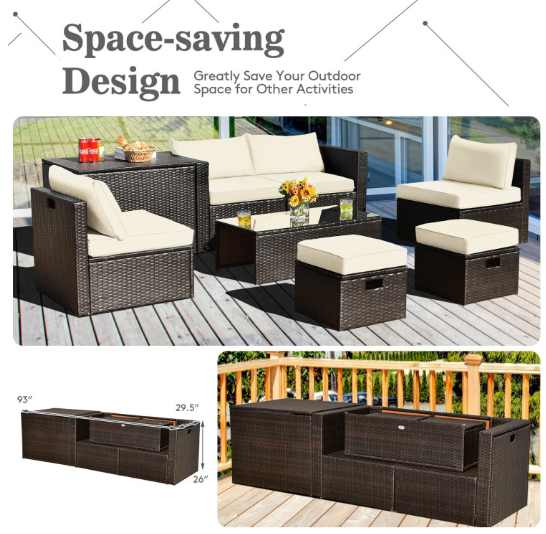 8 Pieces Patio Space-Saving Rattan Furniture Set with Storage Box and Waterproof Cover