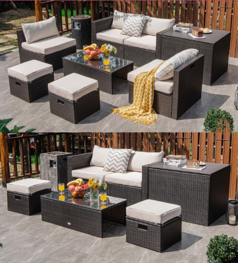 8 Pieces Patio Space-Saving Rattan Furniture Set with Storage Box and Waterproof Cover