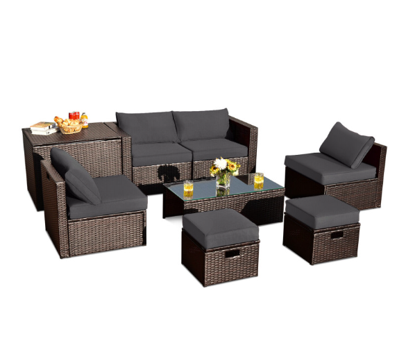 8 Pieces Patio Space-Saving Rattan Furniture Set with Storage Box and Waterproof Cover