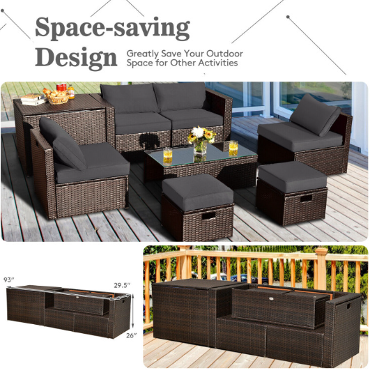 8 Pieces Patio Space-Saving Rattan Furniture Set with Storage Box and Waterproof Cover