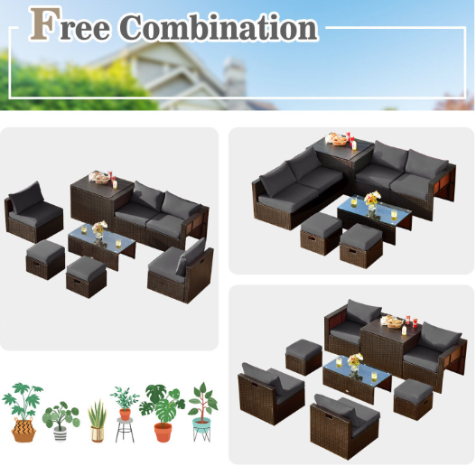 8 Pieces Patio Space-Saving Rattan Furniture Set with Storage Box and Waterproof Cover