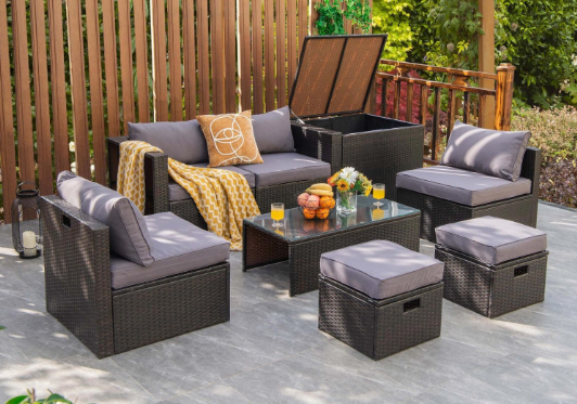 8 Pieces Patio Space-Saving Rattan Furniture Set with Storage Box and Waterproof Cover