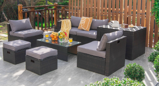 8 Pieces Patio Space-Saving Rattan Furniture Set with Storage Box and Waterproof Cover