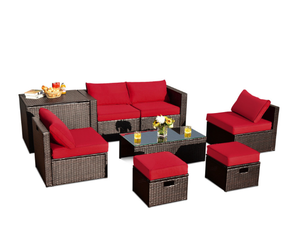 8 Pieces Patio Space-Saving Rattan Furniture Set with Storage Box and Waterproof Cover