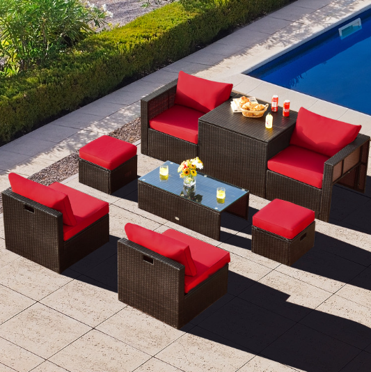 8 Pieces Patio Space-Saving Rattan Furniture Set with Storage Box and Waterproof Cover