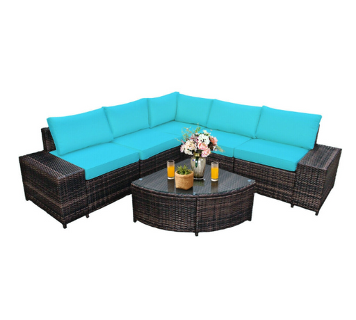 6 Piece Wicker Patio Sectional Sofa Set with Tempered Glass Coffee Table