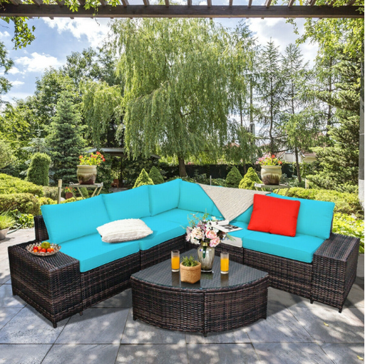 6 Piece Wicker Patio Sectional Sofa Set with Tempered Glass Coffee Table