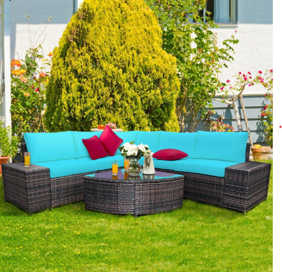 6 Piece Wicker Patio Sectional Sofa Set with Tempered Glass Coffee Table