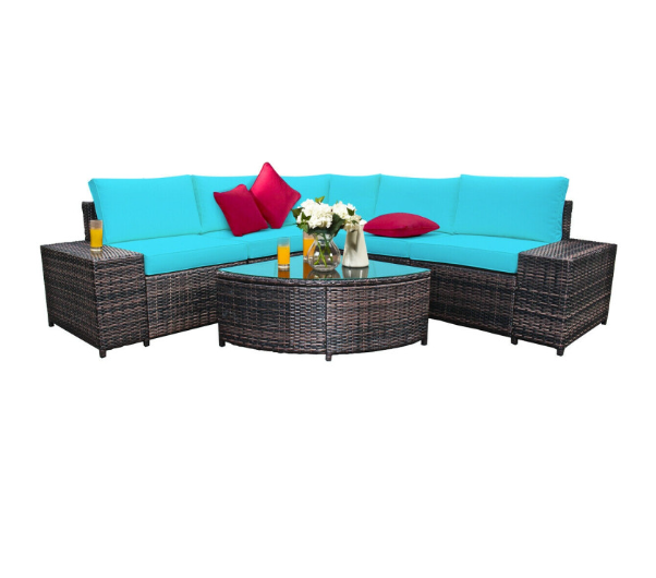 6 Piece Wicker Patio Sectional Sofa Set with Tempered Glass Coffee Table