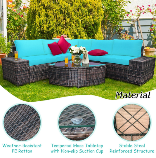 6 Piece Wicker Patio Sectional Sofa Set with Tempered Glass Coffee Table