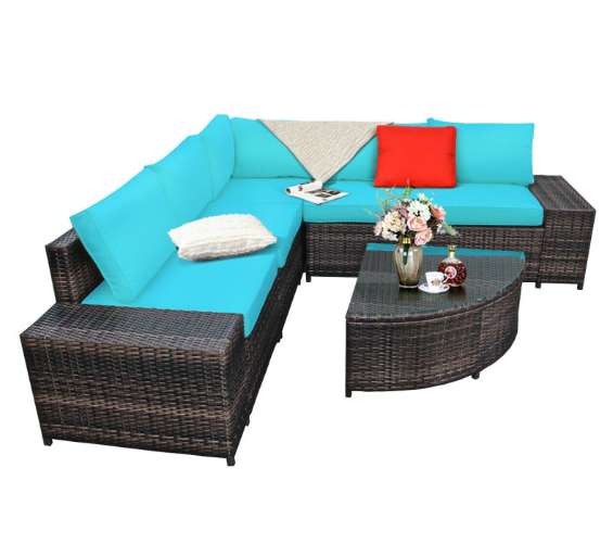 6 Piece Wicker Patio Sectional Sofa Set with Tempered Glass Coffee Table