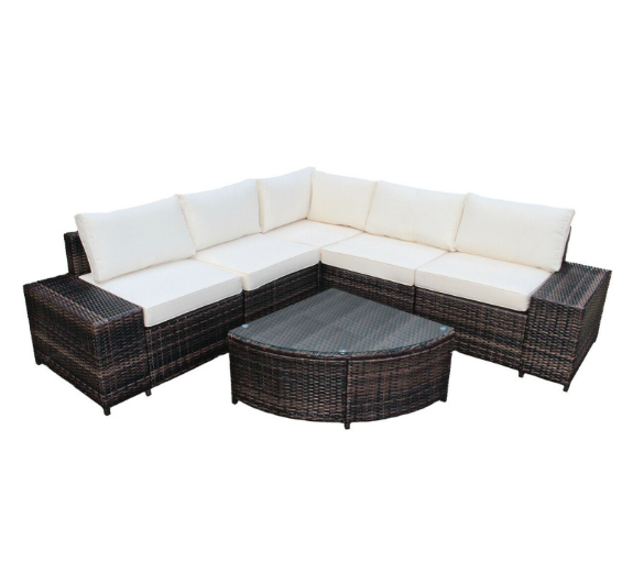 6 Piece Wicker Patio Sectional Sofa Set with Tempered Glass Coffee Table