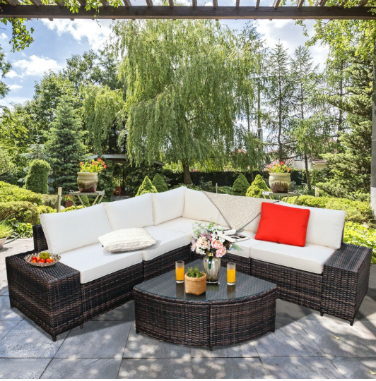 6 Piece Wicker Patio Sectional Sofa Set with Tempered Glass Coffee Table