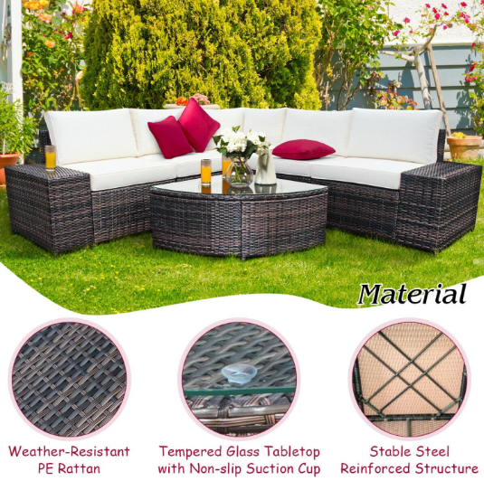 6 Piece Wicker Patio Sectional Sofa Set with Tempered Glass Coffee Table