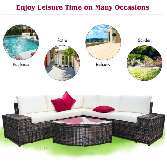 6 Piece Wicker Patio Sectional Sofa Set with Tempered Glass Coffee Table