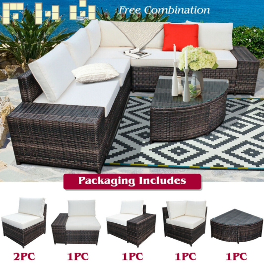 6 Piece Wicker Patio Sectional Sofa Set with Tempered Glass Coffee Table