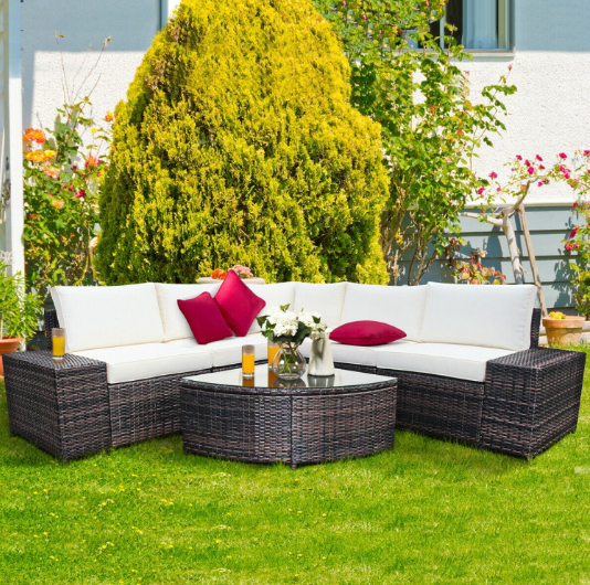 6 Piece Wicker Patio Sectional Sofa Set with Tempered Glass Coffee Table