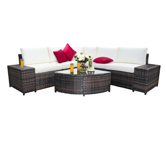 6 Piece Wicker Patio Sectional Sofa Set with Tempered Glass Coffee Table