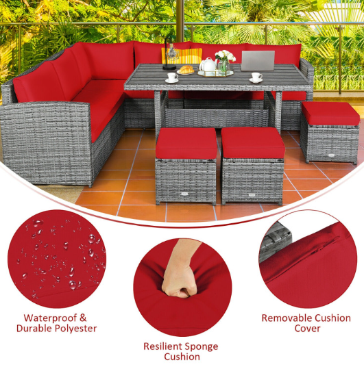 7 Pieces Outdoor Wicker Sectional Sofa Set with Dining Table
