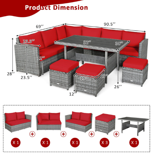 7 Pieces Outdoor Wicker Sectional Sofa Set with Dining Table