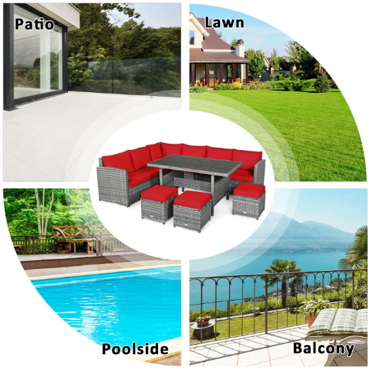 7 Pieces Outdoor Wicker Sectional Sofa Set with Dining Table