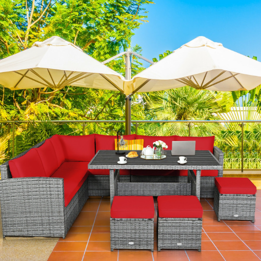 7 Pieces Outdoor Wicker Sectional Sofa Set with Dining Table