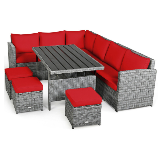 7 Pieces Outdoor Wicker Sectional Sofa Set with Dining Table