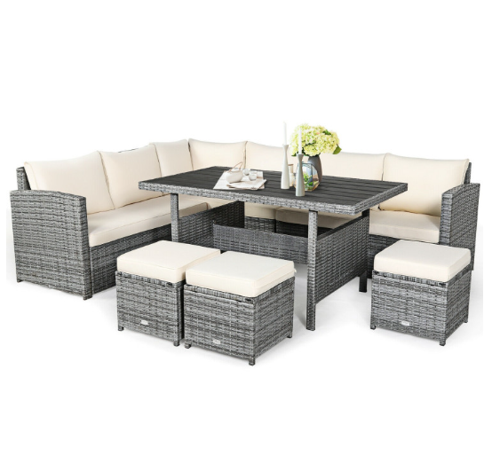 7 Pieces Outdoor Wicker Sectional Sofa Set with Dining Table