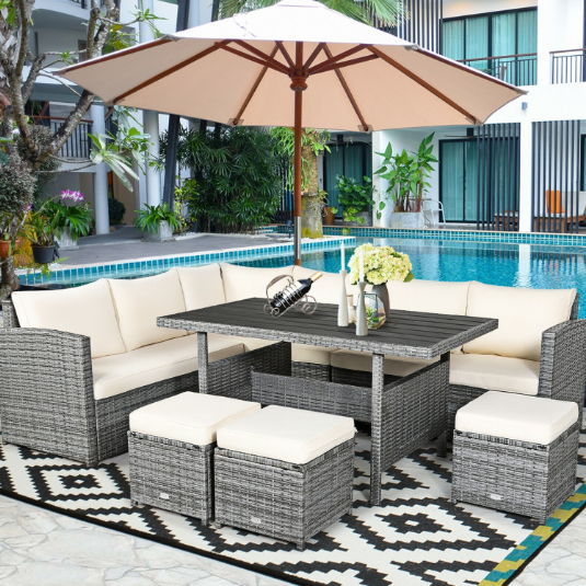 7 Pieces Outdoor Wicker Sectional Sofa Set with Dining Table