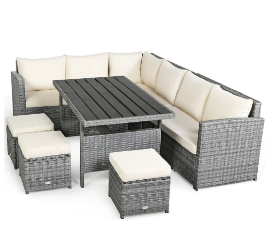 7 Pieces Outdoor Wicker Sectional Sofa Set with Dining Table