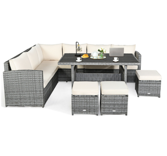 7 Pieces Outdoor Wicker Sectional Sofa Set with Dining Table
