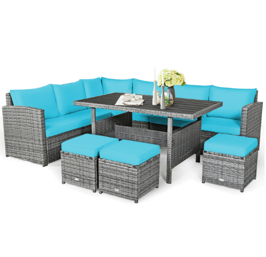 7 Pieces Outdoor Wicker Sectional Sofa Set with Dining Table