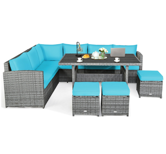 7 Pieces Outdoor Wicker Sectional Sofa Set with Dining Table