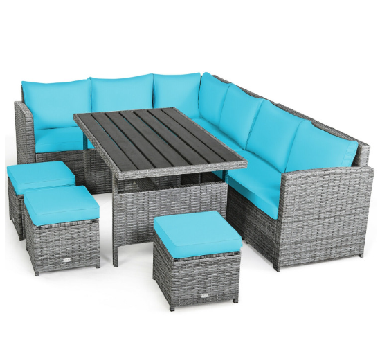 7 Pieces Outdoor Wicker Sectional Sofa Set with Dining Table