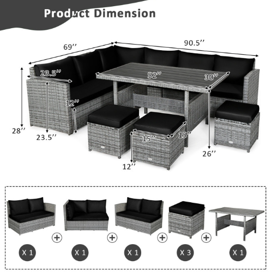 7 Pieces Outdoor Wicker Sectional Sofa Set with Dining Table