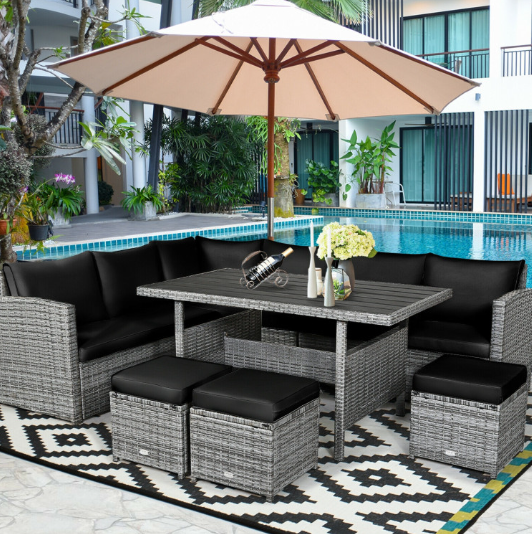 7 Pieces Outdoor Wicker Sectional Sofa Set with Dining Table