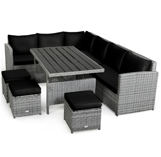 7 Pieces Outdoor Wicker Sectional Sofa Set with Dining Table