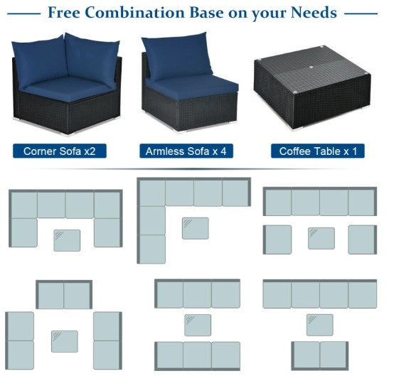 7 Pieces Sectional Wicker Furniture Sofa Set with Tempered Glass Top