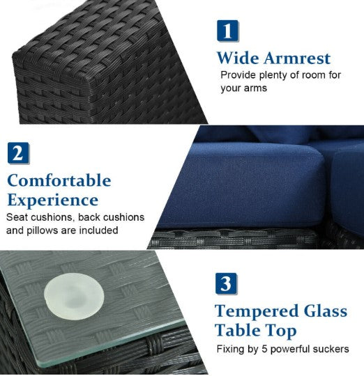 7 Pieces Sectional Wicker Furniture Sofa Set with Tempered Glass Top