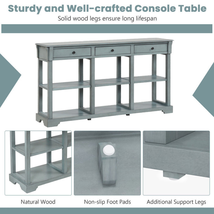 58 Inch Retro Console Table with 3 Drawers and Open Shelves Rectangular Entryway Table