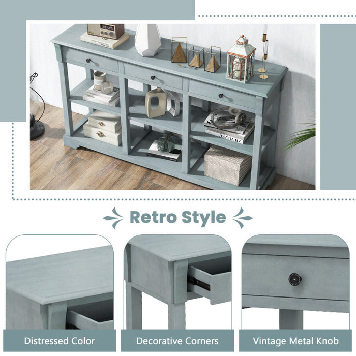 58 Inch Retro Console Table with 3 Drawers and Open Shelves Rectangular Entryway Table