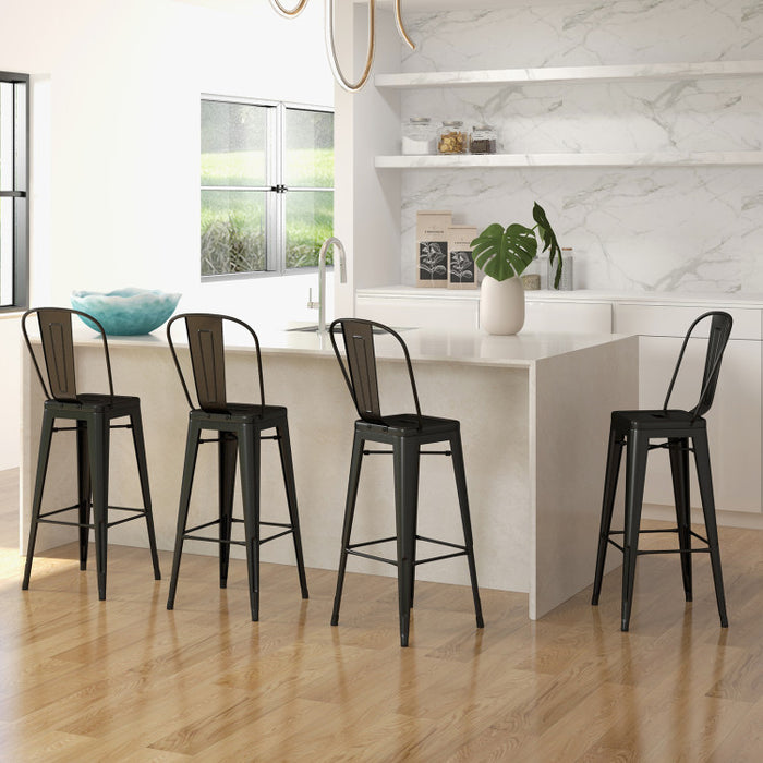 30 Inch Set of 4 Modern Metal Industrial Bar Stools with Removable High Back